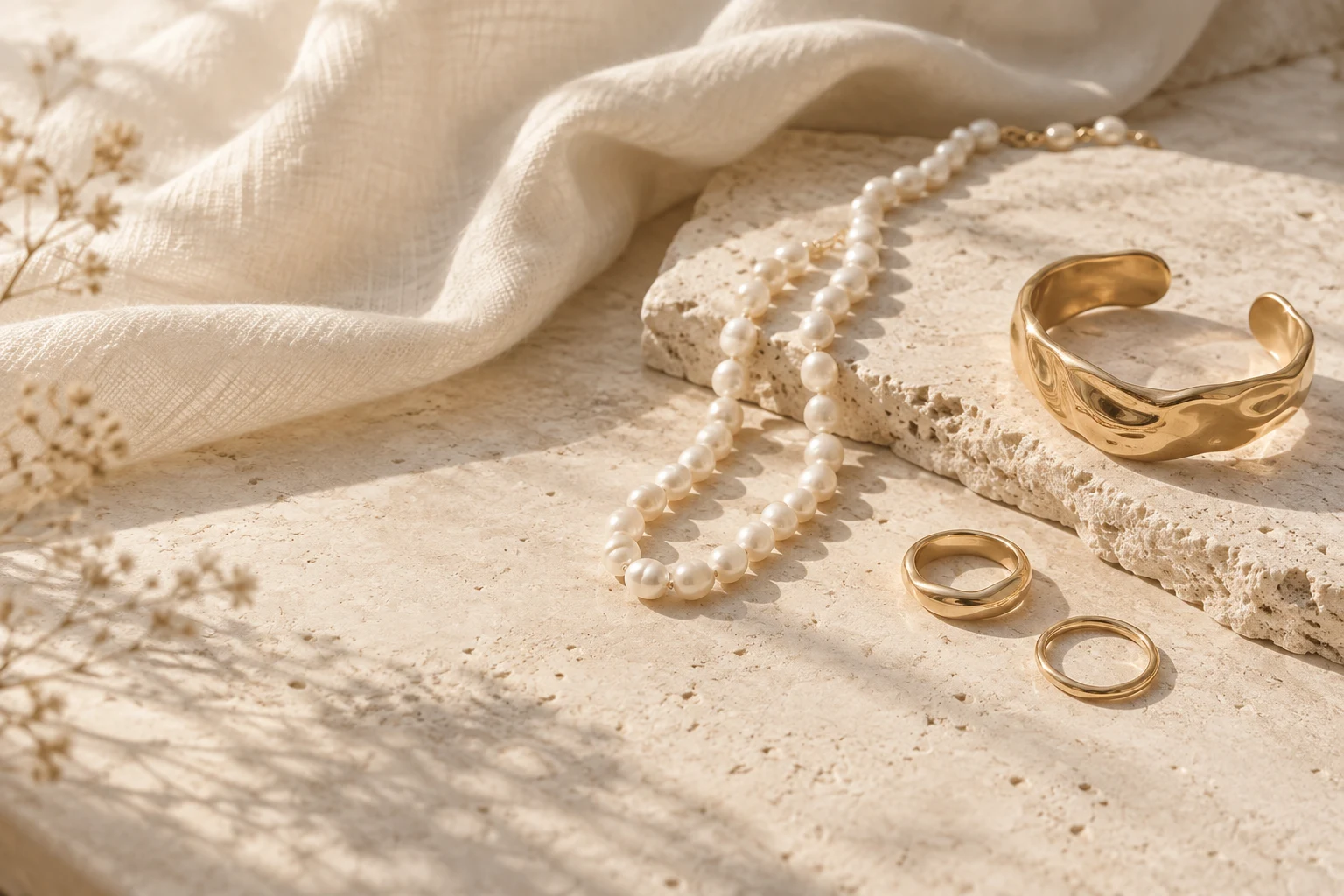 Concept still life of pearls, gold-tone rings and a sculptural cuff on sunlit stone