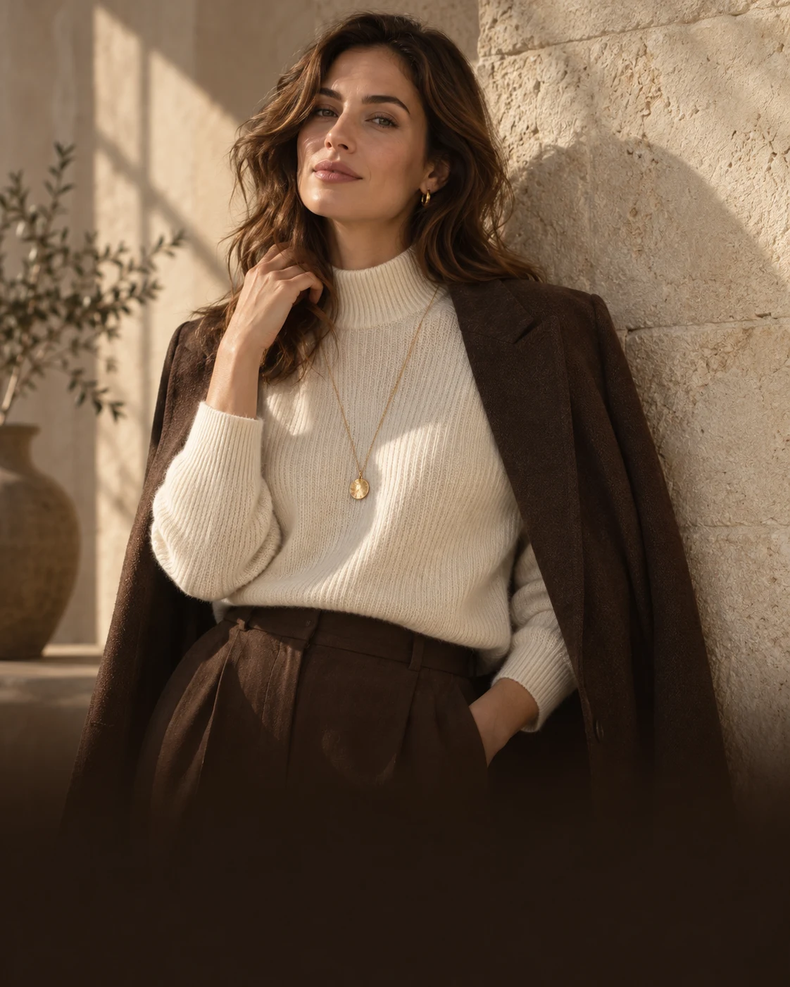 Lilavory concept campaign: a gold-tone pendant styled over an ivory knit
